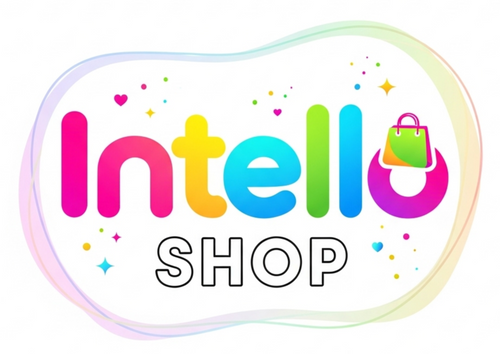 Colorful logo of Intello Shop with a shopping bag icon on a white background