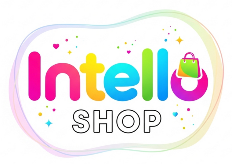 Colorful logo of Intello Shop with a shopping bag icon on a white background